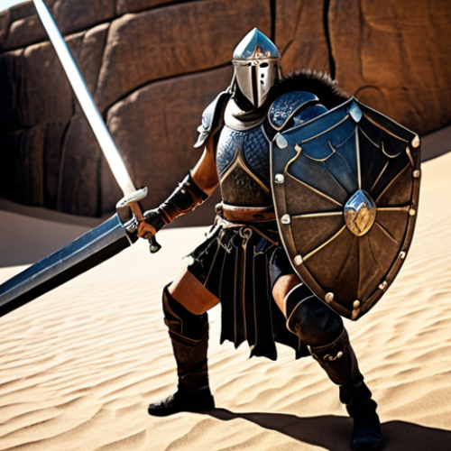 Home 23 Confident Warrior in Black Desert wielding a sword and shield, ready for battle.
