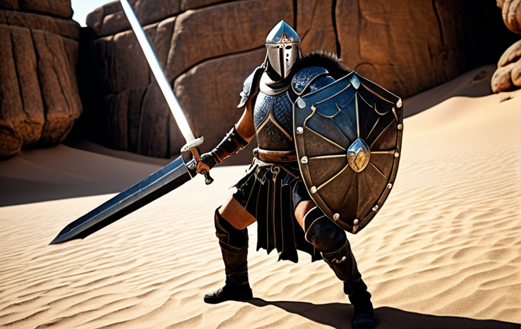 Confident Warrior in Black Desert wielding a sword and shield, ready for battle.