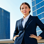 **

A professional businesswoman in a modest business suit, standing confidently in front of a modern skyscraper, fully clothed, appropriate attire, safe for work, perfect anatomy, natural proportions, professional photography, high quality, family-friendly. The background features a clear blue sky and bustling city streets.

**