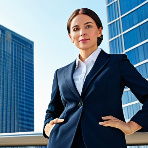 Home 9 **
A professional businesswoman in a modest business suit, standing confidently in front of a modern skyscraper, fully clothed, appropriate attire, safe for work, perfect anatomy, natural proportions, professional photography, high quality, family-friendly. The background features a clear blue sky and bustling city streets.
**