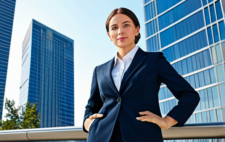 **

A professional businesswoman in a modest business suit, standing confidently in front of a modern skyscraper, fully clothed, appropriate attire, safe for work, perfect anatomy, natural proportions, professional photography, high quality, family-friendly. The background features a clear blue sky and bustling city streets.

**