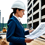**

A professional female architect in a modest, stylish pantsuit, standing on a construction site reviewing blueprints. Background includes a partly constructed modern building and construction workers in appropriate safety gear. Fully clothed, safe for work, appropriate content, professional, perfect anatomy, natural pose, high resolution.

**