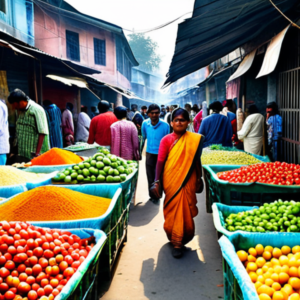 ** A bustling local market in Bengal, filled with vendors selling various goods. The scene captures the vibrant colors of saris and the fresh produce. Focus on the details of the market life, people bargaining, and the overall lively atmosphere. safe for work, appropriate content, fully clothed, family-friendly.

**