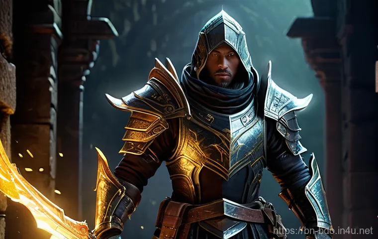 검은사막 마르니 돌파 연구소 - An adventurer, clad in intricate fantasy armor with a visible undershirt, deeply focused on battling...