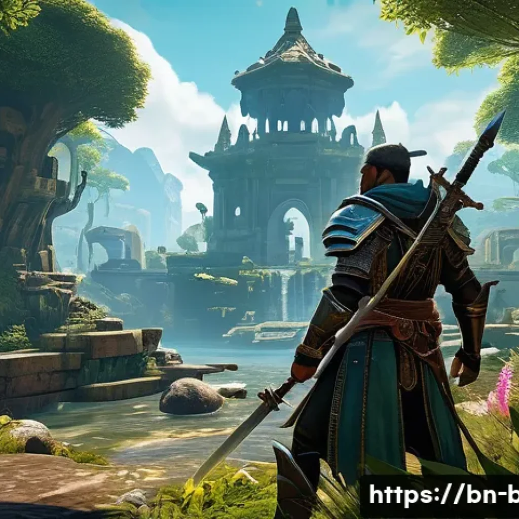 검은사막 최상위 콘텐츠 입문서 - A detailed scene of a skilled gamer in a vibrant fantasy MMORPG setting, focusing on character contr...