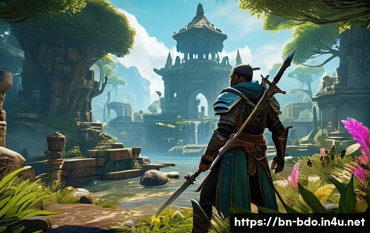 검은사막 최상위 콘텐츠 입문서 - A detailed scene of a skilled gamer in a vibrant fantasy MMORPG setting, focusing on character contr...