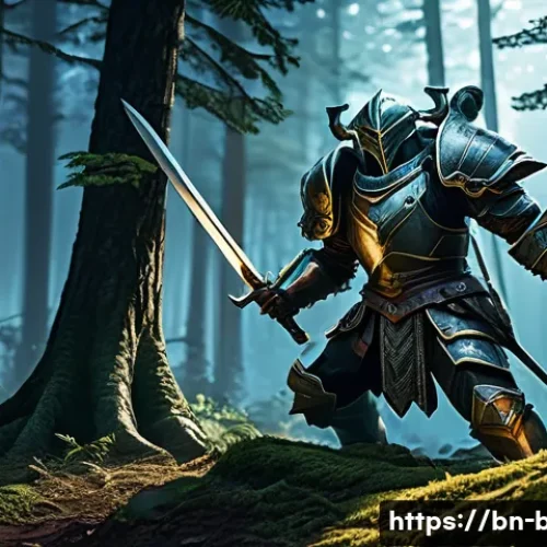 검은사막 장비 내구도 관리 - A detailed fantasy RPG scene showing a warrior in light armor cautiously fighting a powerful boss mo...