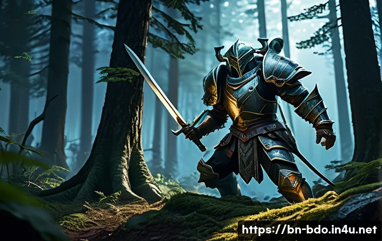 검은사막 장비 내구도 관리 - A detailed fantasy RPG scene showing a warrior in light armor cautiously fighting a powerful boss mo...