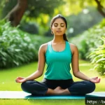 검은사막 생활 콘텐츠 공략 - A serene morning scene featuring a young Bengali woman practicing meditation outdoors in a lush gree...