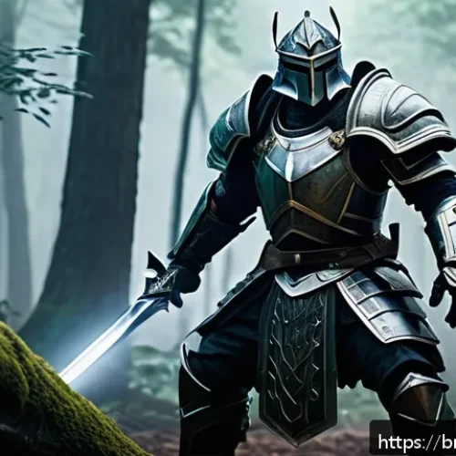 검은사막 보스 패턴 분석 - A detailed fantasy boss battle scene featuring a towering armored warrior preparing a slow, powerful...