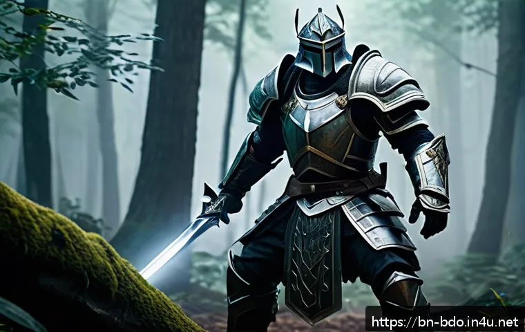검은사막 보스 패턴 분석 - A detailed fantasy boss battle scene featuring a towering armored warrior preparing a slow, powerful...