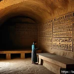 검은사막 고고학 유물 발견 - An ancient cave interior richly detailed with weathered stone walls covered in mysterious inscriptio...