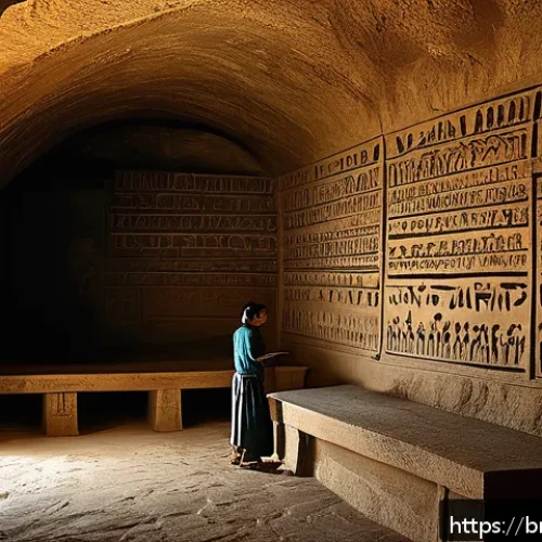 검은사막 고고학 유물 발견 - An ancient cave interior richly detailed with weathered stone walls covered in mysterious inscriptio...