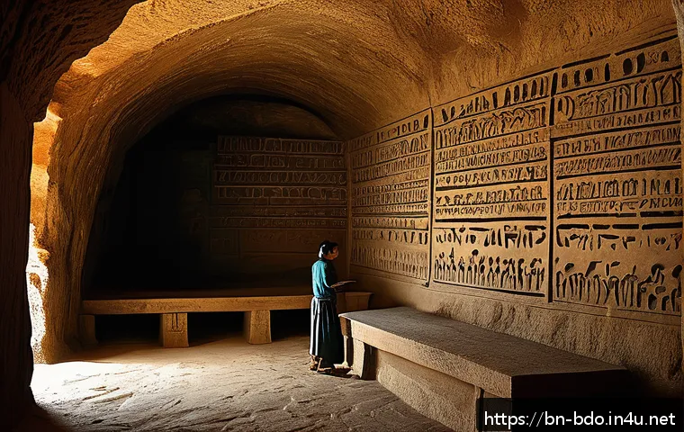 검은사막 고고학 유물 발견 - An ancient cave interior richly detailed with weathered stone walls covered in mysterious inscriptio...