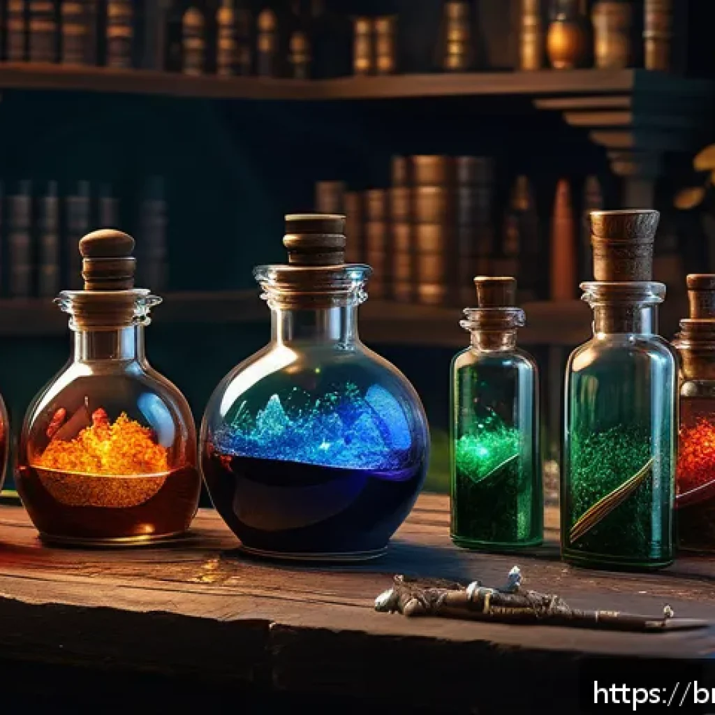 검은사막 엘릭서 효과 정리 - A detailed fantasy alchemy laboratory scene inspired by Black Desert Online, showcasing various elix...