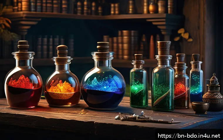 검은사막 엘릭서 효과 정리 - A detailed fantasy alchemy laboratory scene inspired by Black Desert Online, showcasing various elix...