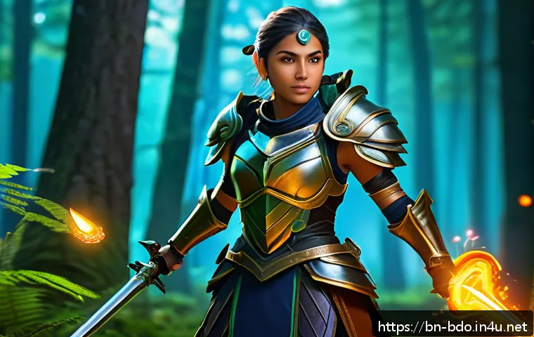 검은사막 공략법 - A detailed fantasy MMORPG scene showing a skilled female warrior character in light armor practicing...
