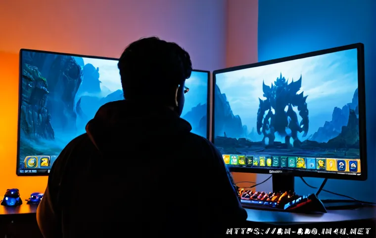 검은사막 대형 보스 리스폰 타이밍 - Photorealistic gaming desk at dusk, focused adult player viewed from behind watching a fantasy MMORP...