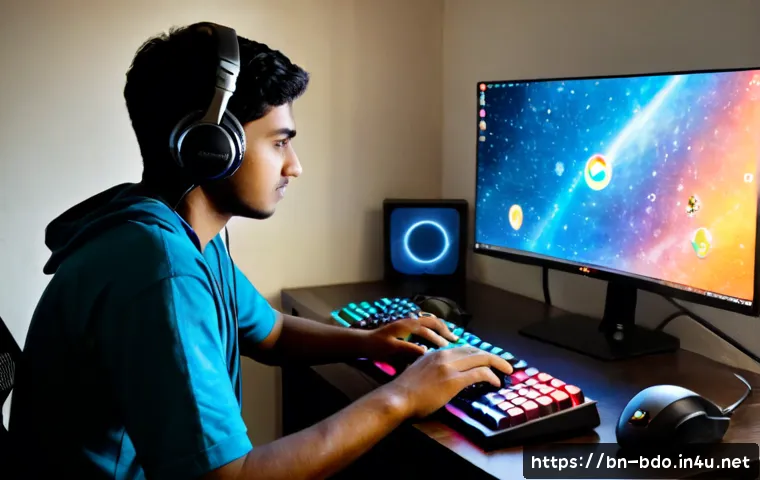 검은사막 VPN 설정 방법 - Photorealistic home desk scene in Bangladesh, a focused young adult gamer configuring a secure VPN c...