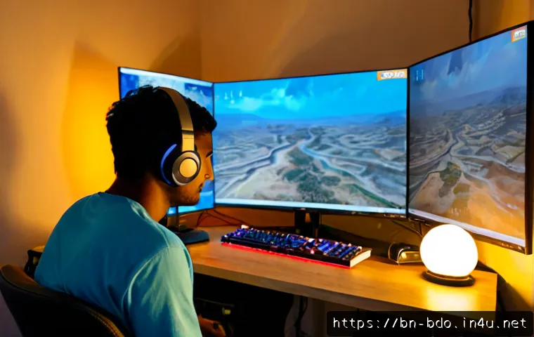 Home 17 검은사막 글로벌 서버 접근 - Photorealistic home gaming setup in Bangladesh, an adult Bengali gamer wearing casual clothes and he...
